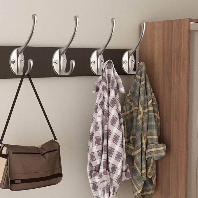 IBosins 10 Pack Dual Coat Hooks Wall Mounted with 40 Screws Retro Double Hooks Utility Silvery Hooks for Coat, Scarf, Bag, Towel, Key, Cap, Cup, Hat (Silvery)