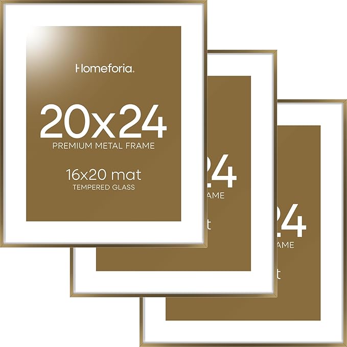 Homeforia Picture Bronze Frame 20x24, High End Metal 20x24 Brass Poster Frames with Mat 16x20 for Photo, 20 x 24 Frame Matted to 16 x 20 Print, 24x20 Hanging Frames, Tempered Glass, Wall Kit, Set of 3