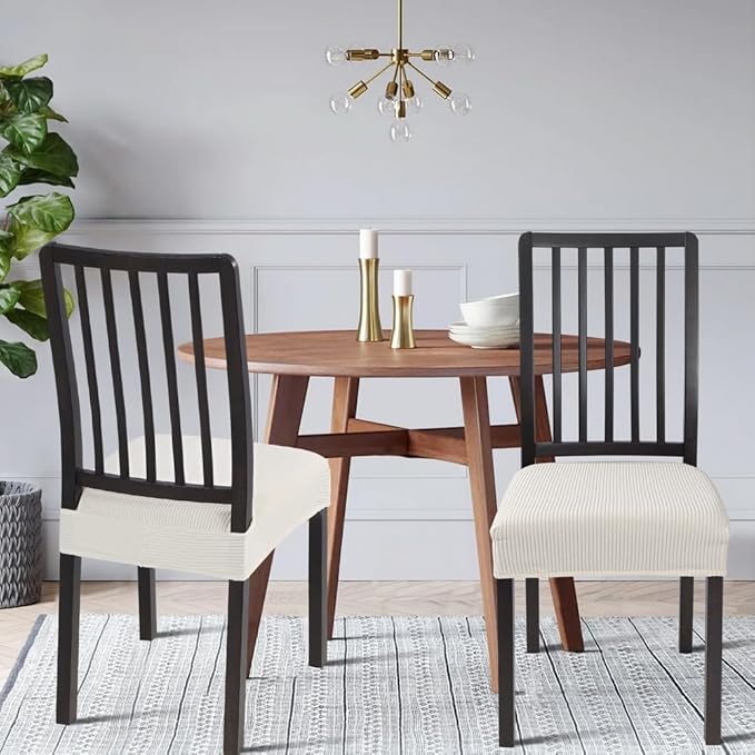SearchI Stretch Dining Chair Seat Covers Set of 6, Soft Removable Washable Seat Cover for Dining Chairs, Dining Room Chair Cover Protector (Rear-Covered, Cream Stripe)