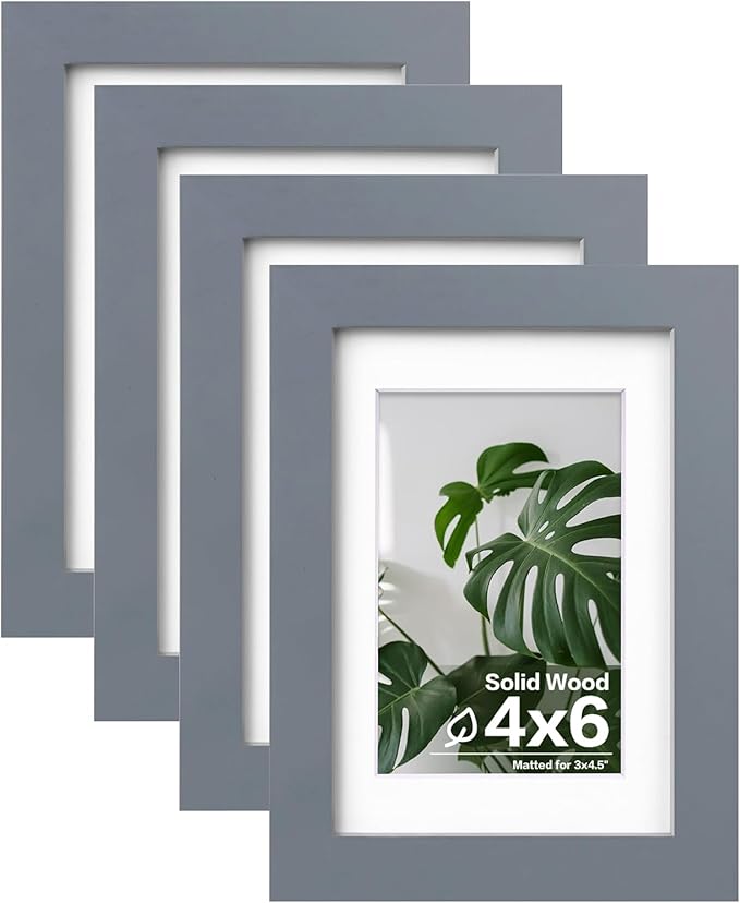 Egofine 4x6 Picture Frames Set of 4, Made of Solid Wood Covered by Plexiglass 3x4.5 and 3.5x5 with Mat or 4x6 without Mat, for Table Top Display and Wall Mounting Photo Frame, Dark Grey