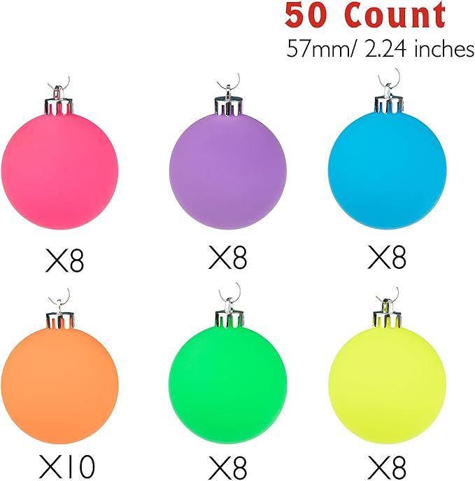 Every Day is Christmas Ornaments, Shatterproof Christmas Tree Ornament Set, Christmas Balls Decoration 50 Count(2.24"/57mm, Neon)