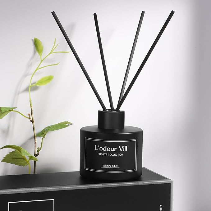 L'odeur Vill Reed Diffuser, 3.4oz(100ml) Jasmine & Lily Reed Diffuser Set with 6 Oil Diffuser Sticks, Matte Black Aroma Scent Diffuser, Long Lasting Home Fragrance for Bathroom Shelf Decor