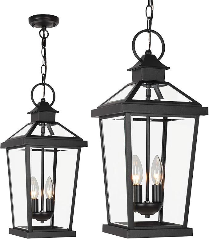 JYZ Outdoor Pendant Light Fixture, 20 Inch Waterproof Black Hanging Lantern with Clear Glass, Anti-Rust Exterior Chandelier for Porch, Patio, Entryway, Front Door JYOPL06-L