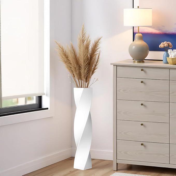 Tall Floor Vase - 23.6 Inch Modern Square Twist Vases for Home Decor, Large Decorative White Vase for Dried Flowers, Pampas Grass, Centerpiece - Matte Finish