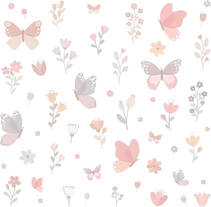 Watercolor Butterfly and Flower Wall Decals Peel and Stick- 53 PCS Removable Wildflower Stickers for Girls Room, Nursery, Bedroom Decor, Easy Peel and Stick Wall Art