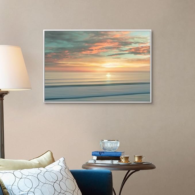 CANVAS ON DEMAND Beach Sunrise White Float Framed Canvas Wall Art Print by Alex Hanson, Contemporary, Home Decor, Ocean Artwork,36" x24in