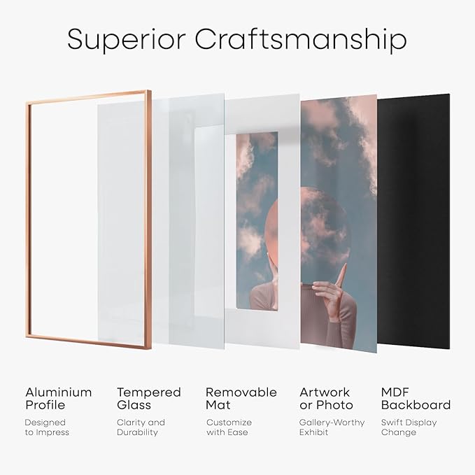 Homeforia 9x12 Rose Gold Frame, High End Metal 9 x 12 Picture Frames with Mat 7 by 10 inch Photo, 9by12 Poster Frame Matted to 7x10 Art, 12x9 Wall or Tabletop Frame, Tempered Glass, Wall Kit, Set of 1