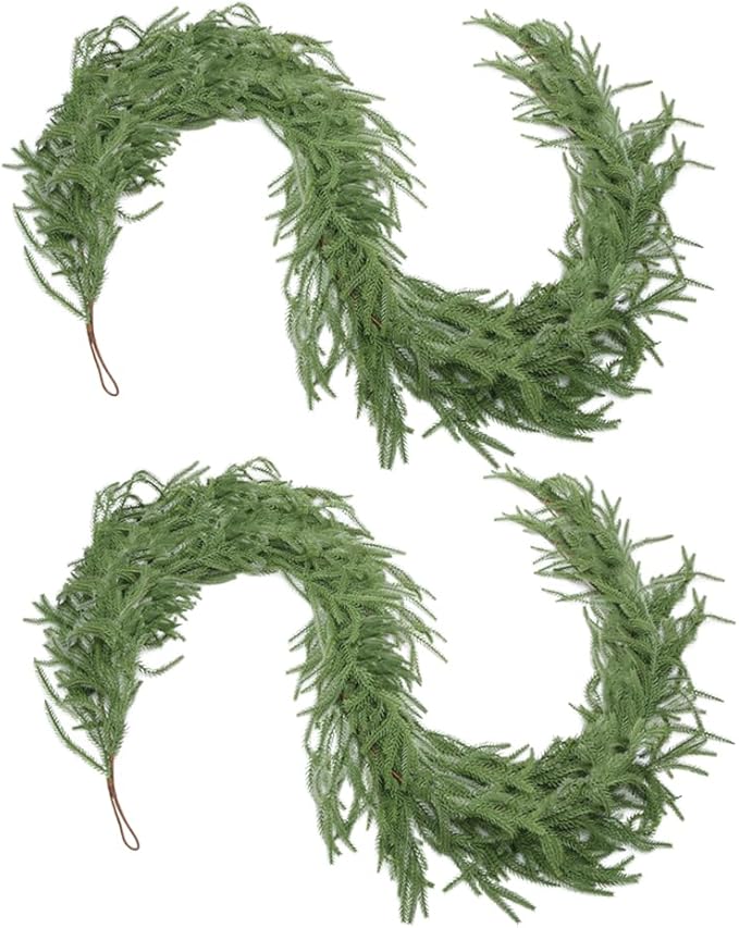 2 Pcs 6FT Norfolk Pine Garland Realistic Real Touch Artificial Faux Greenery Garland for Winter Decorations for Home Window Fireplace Garland for Mantle Table Holiday Indoor Outdoor Garland