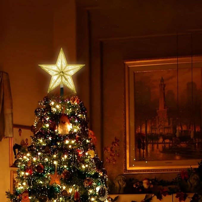 LAMPHOME 8" 10LED Christmas Tree Topper, 3D Golden Glitter Star Tree Toppers Christmas Decorations Light for Christmas Tree(Warm White)