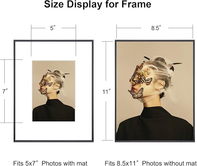 8.5x11 Picture Frame Set of 4, Matted Black Simple Modern Brushed Thin Aluminum Metal Photo Frame Fits 5x7 with Mat or 8.5 x 11 without Mat . Vertical and Horizontal for Tabletop and Wall