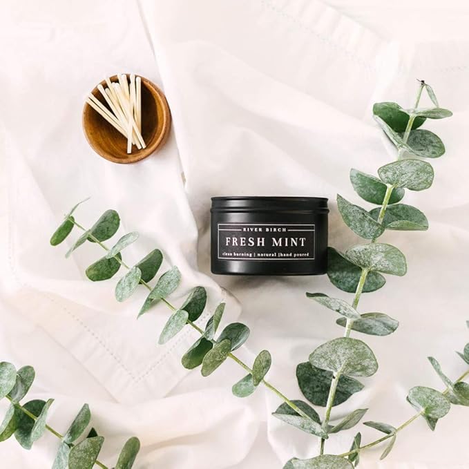 River Birch Candles Fresh Mint Scented Candle | Premium, All-Natural, Non-Toxic, Soy Candles | 8 oz. Black Matte Tin Travel Candle | Cozy Relaxing Gifts for Home