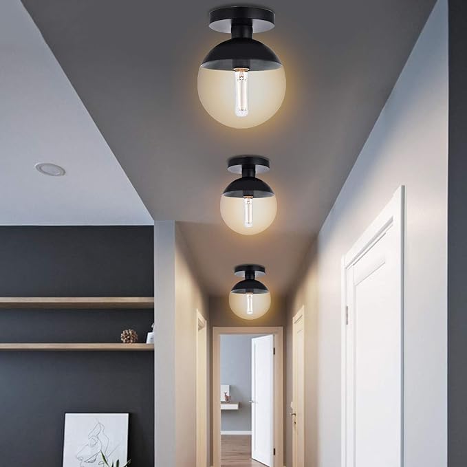 Modern Clear Glass Ceiling Light Fixture with 1-Light, A1A9 Industrial Sphere Glass Chandelier Fitting, E26 LED Semi-Flush Mount Pendant Lights for Kitchen, Bedroom, Bar, Counter, Cafe (Black)