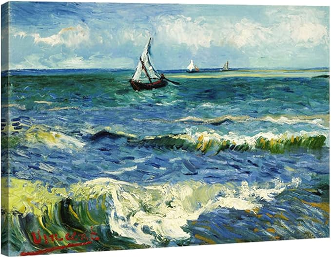 Wieco Art Extra Large Seascape at Saintes Maries by Vincent Van Gogh Oil Paintings Reproduction Giclee Canvas Prints Ocean Sea Pictures on Canvas Wall Art for Living Room Home Office Decor 36x48