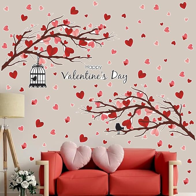 2 Sheet Valentine's Day Wall Decals Love Heart Wall Stickers Valentine's Day Pink Heart Tree Home Bedroom Decor Decals Peel and Stick for Valentines Wedding Anniversary Party Supply