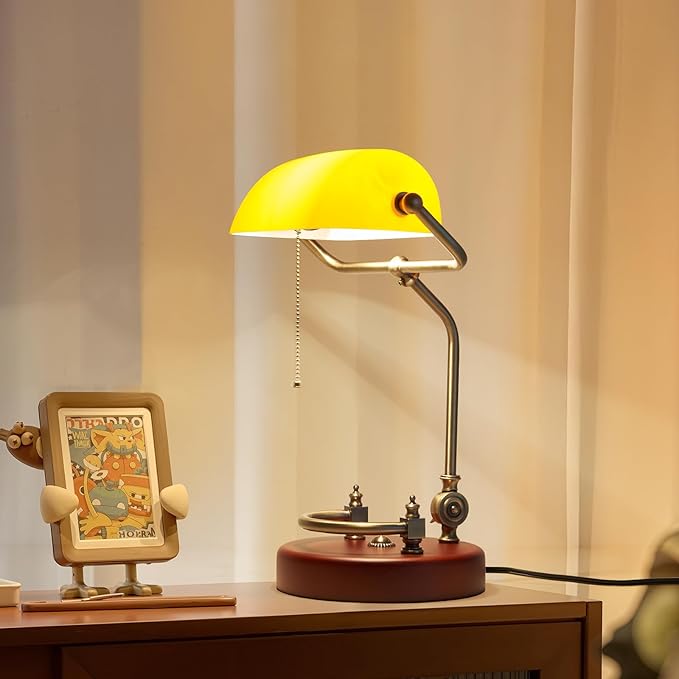 Bankers Lamp, Traditional Orange Desk Lamp with Solid Birch Wood Base, Orange Glass Antique Library Lamp with Pull Chain Switch, Plug in Vintage Bankers Desk Lamp for Office, Study Room 【E26 Socket】