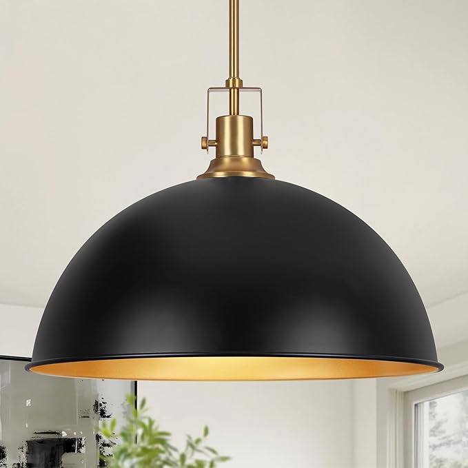 LamQee 18 Inch Black and Gold Large Pendant Light Kitchen Island, Farmhouse Modern Dome Pendant Light Fixtures Ceiling Hanging Lighting Chandelier for Dining Room Over Table, Bar, Hallway, Entryway
