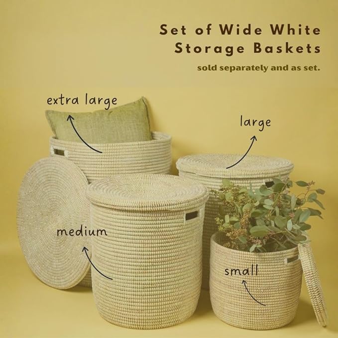 Storage & Organization, Decorative Wicker Baskets for your Home, Laundry Hamper, Baby Nursery Toys Bin, Living Room Blankets Storage, Towels Holder, Wicker, Woven, Lid, Wide, White (Large)