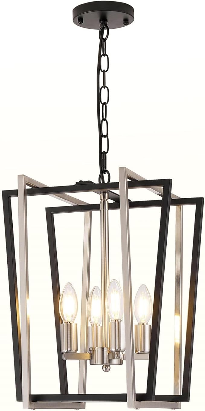 WJShome 4-Light Modern Chandelier, Farmhouse Dining Room Light Fixture Hanging Pendant Lights Kitchen Island, Black and Silver Lantern Pendant Light, Adjustable Height Entryway Chandeliers
