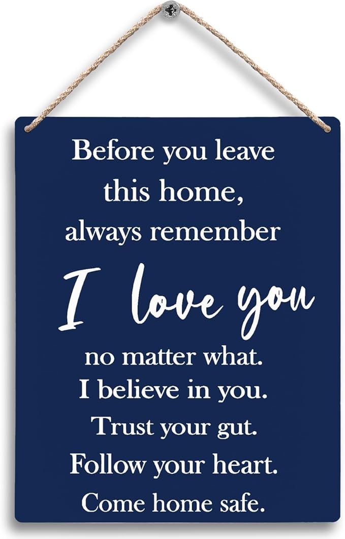 FUGWN Before You Leave This Home Always Remember I Love You Hanging Wooden Sign 8x10, Entryway Wall Decor, Motivational Inspirational Home Decor (Navy Blue)