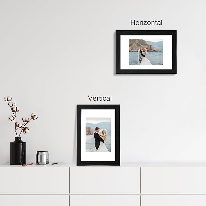 iRahmen 8x12 Picture Frame Set of 4 with HD Glass, Black Frame Display 6x8 Picture with Mat or 8 x 12 Without Mat, Wood Rustic Photo Frame for Tabletop and Wall Mounting