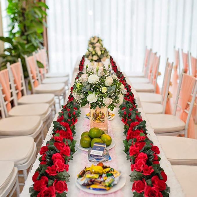 LESING Rose Garlands Artificial Rose Vines, 4PCS(28.8FT) Fake Silk Flower Garland with Greenery Plants Wedding Hanging Flower Vines Garlands for Home Office Arch Garden Decoration (Red)