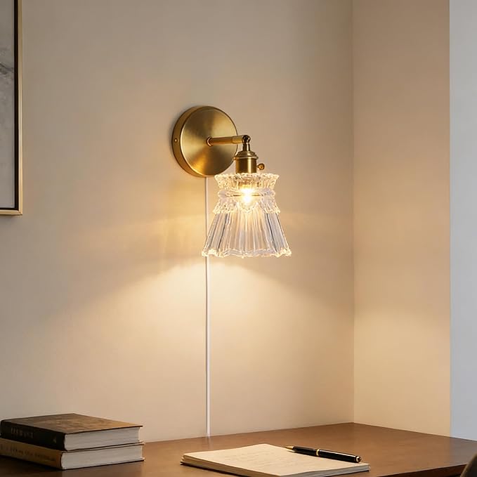 Sedelan Plug in Wall Sconce, Vintage Wall Sconces Indoor, Glass Wall Lamp，Dimmable Mid Century Moderen Bathroom Vanity Lights, Over Mirror for Bedroom Dining Living Room Stairway, E26
