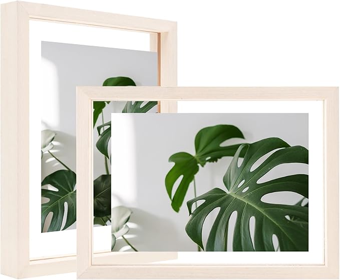 Egofine 6x8 Floating Frames Set of 2, Double Plexiglass Picture Frame, Made of Solid Wood Display Any Size Photo up to 6x8, Wall Mount or Tabletop Standing, Beige