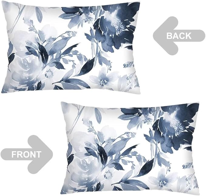 Florals Throw Pillow Cover Queen Size Set of 2 Navy Watercolor Flowers Pillowcases Boho Floral Lumbar Pillow Case Soft Standard Pillow Cases with Zipper Decorative Cushion Covers,20"x30",Blue White