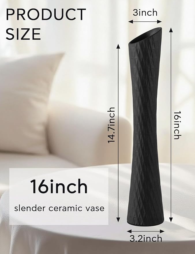 16 Inch Tall Ceramic Flower Vase,Minimalist Style Slender Floor Vase for Living Room, Home, Office Bedroom Table Centerpieces Shelf Kitchen Wedding Farmhouse Décor（White）