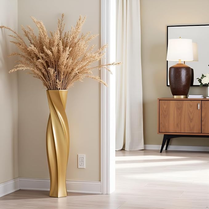 Tall Vases - 23.6" Tall Floor Vase for Home Decor, Floor Vases, Black Hexagon Twist Floor Vase, Fits Into Hay/Pampas Grass, Living Room, Office, Wedding Decor (Resin Gold)