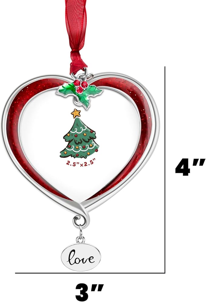 Christmas Tree Ornament Picture Frame Metal Hanging Pendant Holiday 2.5" Photo Frame Charm Decorative of Pets, Baby First Christmas, Family (Love Red)