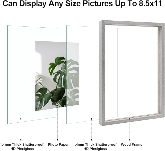 Egofine 8.5x11 Floating Frames Set of 2, Double Plexiglass Picture Frame, Made of Solid Wood Display Any Size Photo up to 8.5x11, Wall Mount or Tabletop Standing, Light Grey