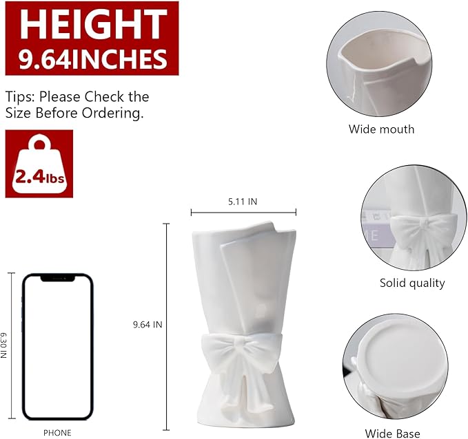 Fully Glazed White Ceramic Bow Vase 9.64 in Unique Cute Modern Decorative Bouquet Flower Vases for Home Living Room Table Christmas Decor Women Girl Gifts