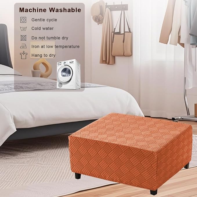 Square Ottoman Cover Large Stretch Storage Ottoman Bench Covers Slipcovers Cube Jacquard Covers for Square Ottomans Coffee Table Footrest Stool Cover with Elastic Bottom L Orange