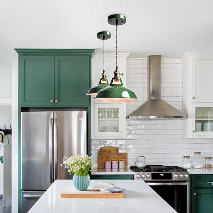 CLAXY Macaron Green Pendant Lights Metal Barn Kitchen Island Pendant Light Fixture Adjustable Hanging Ceiling Light for Dining Foyer Loft Bar Coffee Restaurant