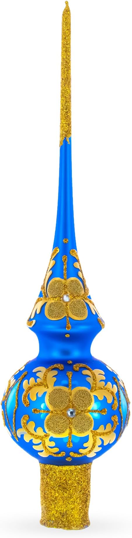 Jeweled Golden Leaves on Blue Glass Christmas Tree Topper 11 Inches