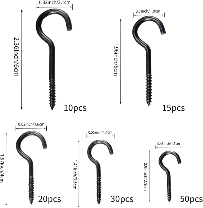 125 Pieces of Screw Cup Hook Set 5 Sizes Ceiling Small Hooks Wardrobe Decoration Hanging Accessories for Hanging Outdoor or Indoor use (0.98" 1.41" 1.57" 1.96" 2.36") (Black)