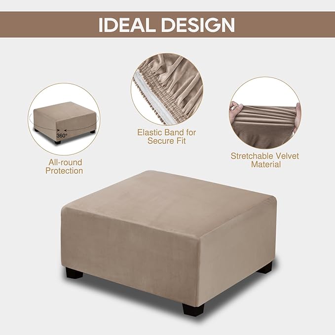 NeColorLife Velvet Ottoman Cover Square Storage Ottoman Slipcover Thick Stretchable Footrest Stool Covers with Elastic Band for Rectangle and Square Ottoman(Medium Size,Taupe)