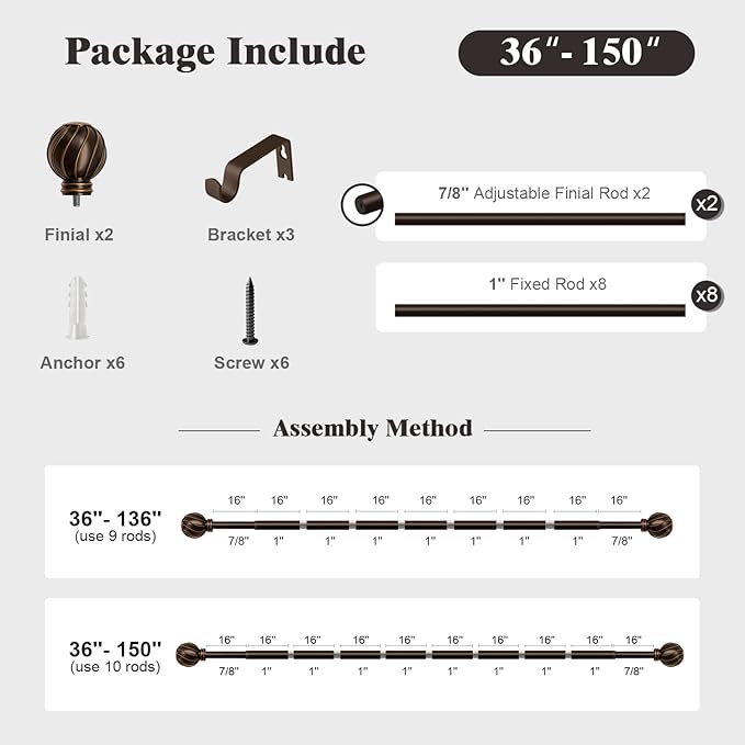 Oneach Brown Curtain Rods for Windows 72 to 144 Inch, 7/8" Adjustable Heavy Duty Decorative Drapery Rods with Round Netted Texture Finials (Pack of 1, 36 to 150 Inch)