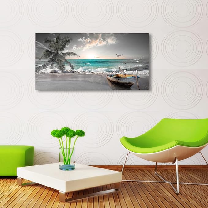 Beach Sea Wave Pictures Canvas Wall Art For Living Room Bedroom Wall Decor,Sea Wave Wall Art Print Paitnings For Home Decor,Morden Artwork Palm Boat Canvas Art Waterproof Ready To Hang-24x48 Inches