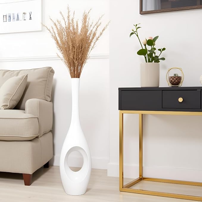 23.6" White Tall Floor Vase – Donut-Shaped Oval Body with Slim 3cm Neck, Modern Tall Decorative Vases for Living Room, Entryway, Office Decor – Resin Floor Vase