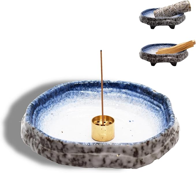 Ceramic Incense Burner Holder for Sticks, Handmade Incense Cone Holder for Coil, Sage Cones, Ash Catcher, Smudge Bowl for Yoga Meditation Room Décor