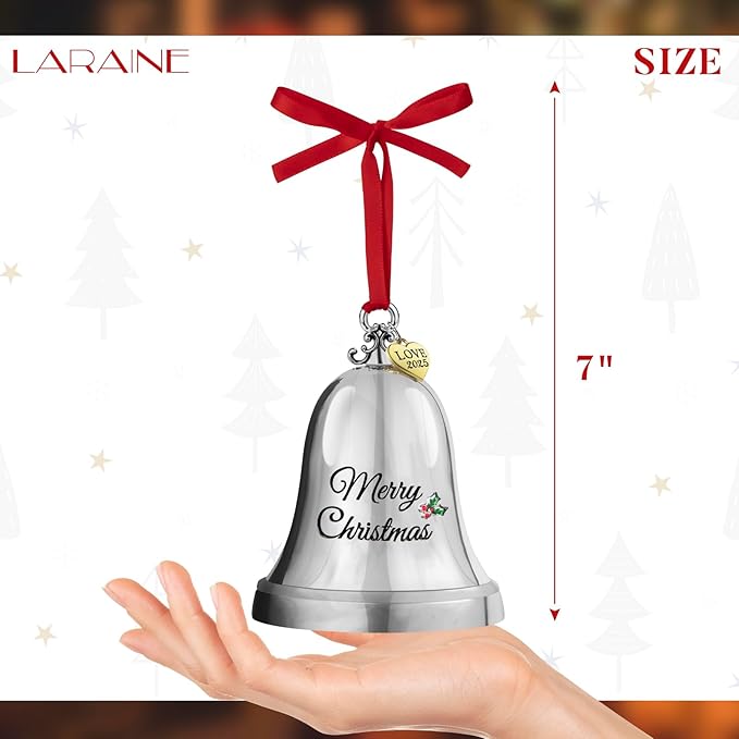 LARAINE Christmas Ornament Bell 2025 Silver Jingle Bell Hanging Ornament with Golden Metal Tag for Christmas Tree Decorations Engraved Metal Bell (Heart Tag (2025))