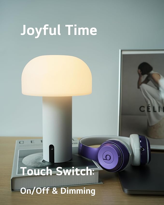Outdoor Mushroom Table Lamp Rechargeable, Cordless Lamps for Patio Waterproof, Portable Battery Operated Lamp with USB Charging, Touch Dimming Night Light for Home/Porch/Restaurant (White)