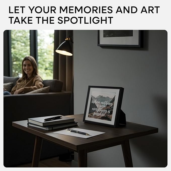 Homeforia 8x8 Black Picture Frame, High End Metal 8 x 8 Square Photo Frames with Mat 6 by 6, 8x8 Poster Frame Matted to 6x6 inch Print, 8by8 Wall or Tabletop Frames, Tempered Glass, Wall Kit, Set of 4