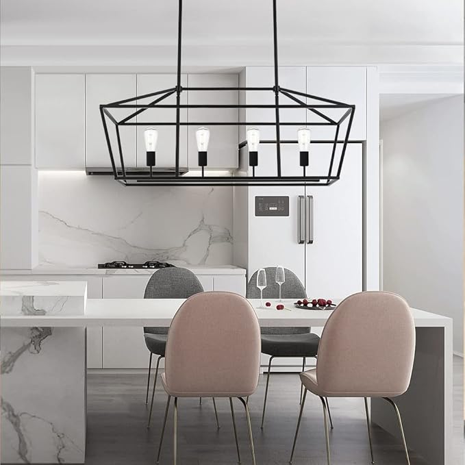 BONLICHT Kitchen Island Lighting 4 Lights in Matte Black Finish Farmhouse Chandelier Industrial Pendant Hanging Light Fixture for Dining Room Living Room Foyer