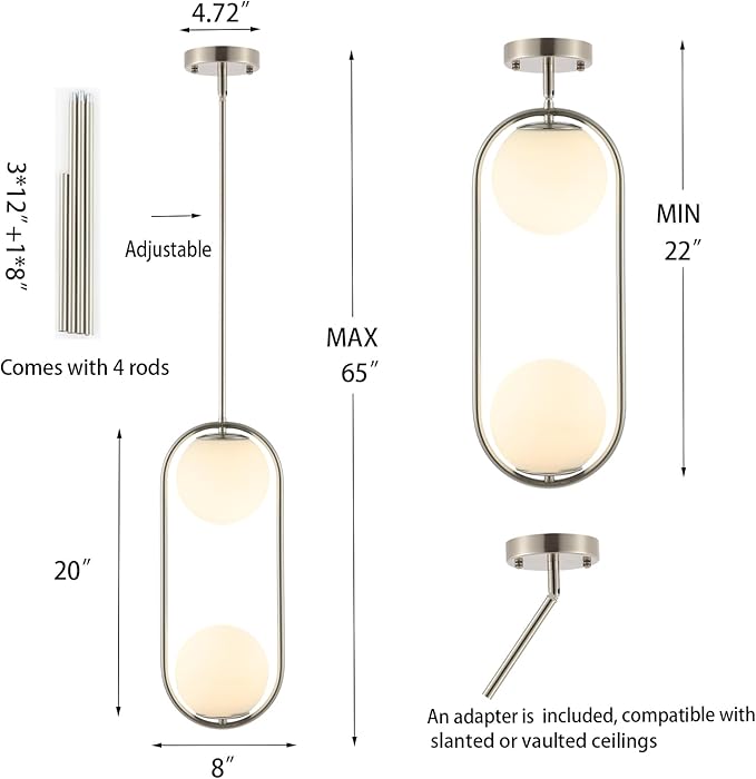 Modern Globe Pendant Light 2-Lights Brushed Nickel Chandelier Mid Century Ceiling Hanging Lighting Fixture White Globe Glass Shades for Kitchen Island Dining Room Bedroom