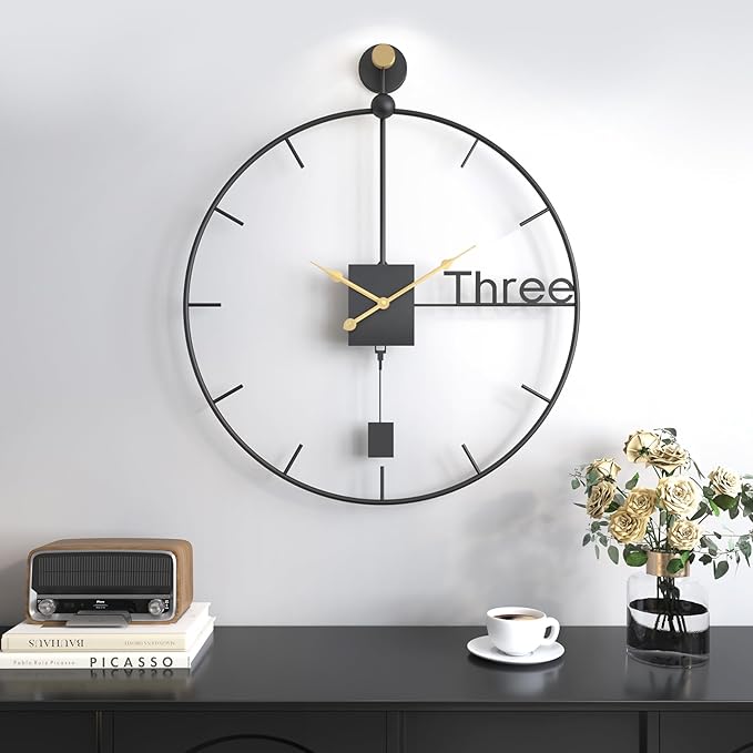Cuspin 20 inch Modern Wall Clock with Swing Pendulum, Battery Operated Silent Non-Ticking Metal Wall Clock for Living Room Decor, Decorative Hanging Clock for Bedroom, Office, Kitchen, Home Wall