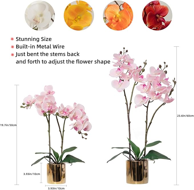 CXGS Artificial Orchid Flower Plant Real Touch Faux Orchids in Ceramic Vase Pink 19.7'' Fake Phalaenopsis Flower Arrangement Centerpiece Home Indoor Decor