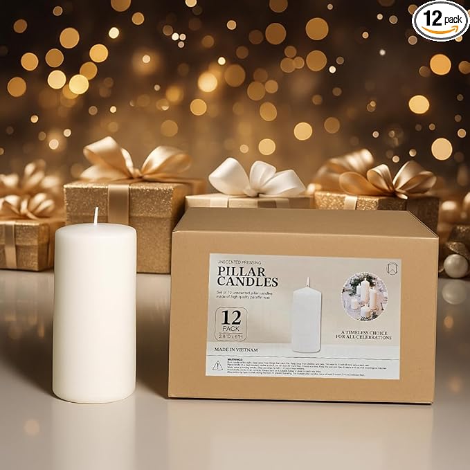 CW Studio 12 Pack 2.8x6 Inch White Unscented Pillar Candles – Long 70 Hour Burn, Smokeless & Dripless – Premium Wax with Cotton Wick – Perfect for Weddings, Events, Home, Rustic & Elegant Décor